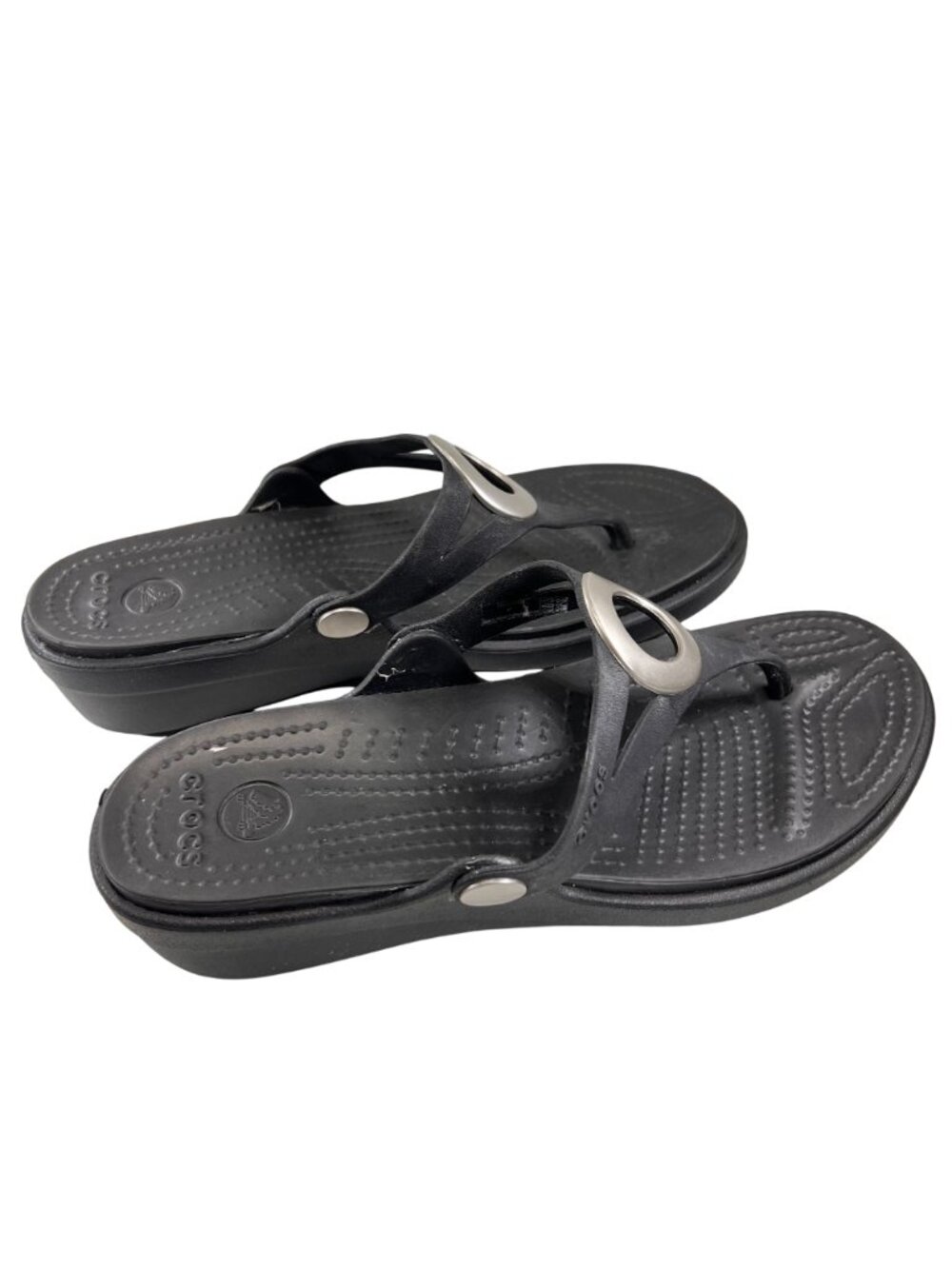 Crocs Sanrah Wedge Sandals Black Flip Flop Thong W7 Silver Circle Womens 14153 - Picture 2 of 14